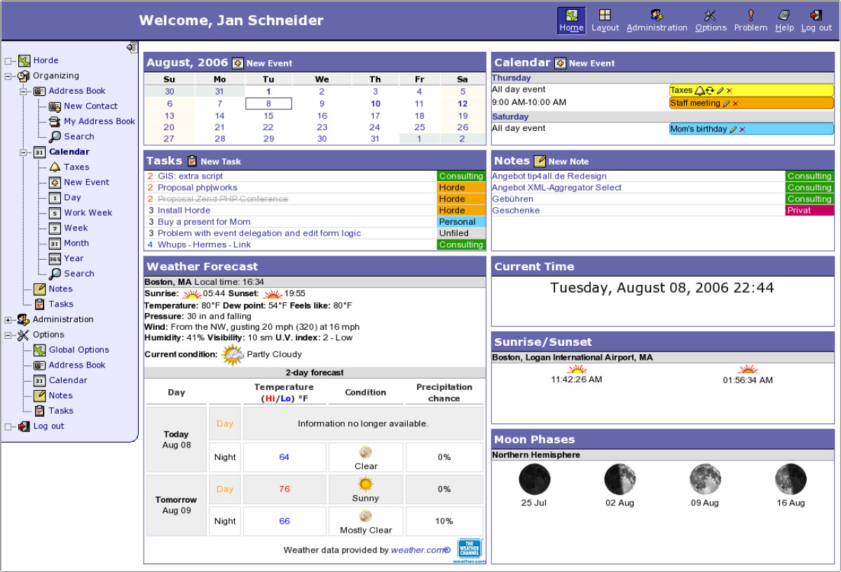 Screenshot van hoe de applicatie Horde er in 2006 uit zag