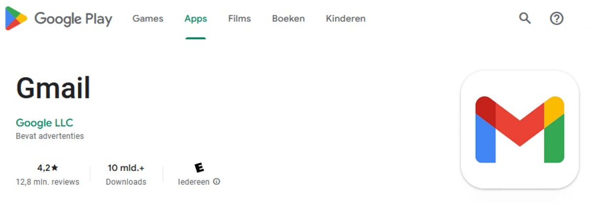 Schermafbeelding van de Gmail app in de Google Play Store