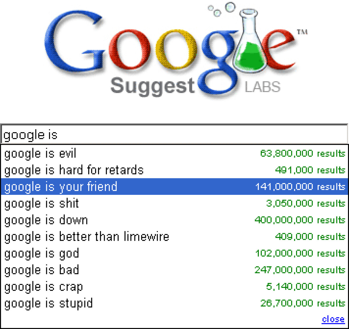Screenshot van de eerste versie van Google Suggest op de Google Labs website