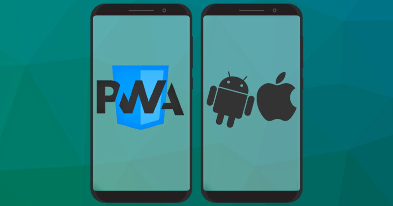 Links een smartphone met het PWA logo en rechts een smartphone met het logo van Android en iOS