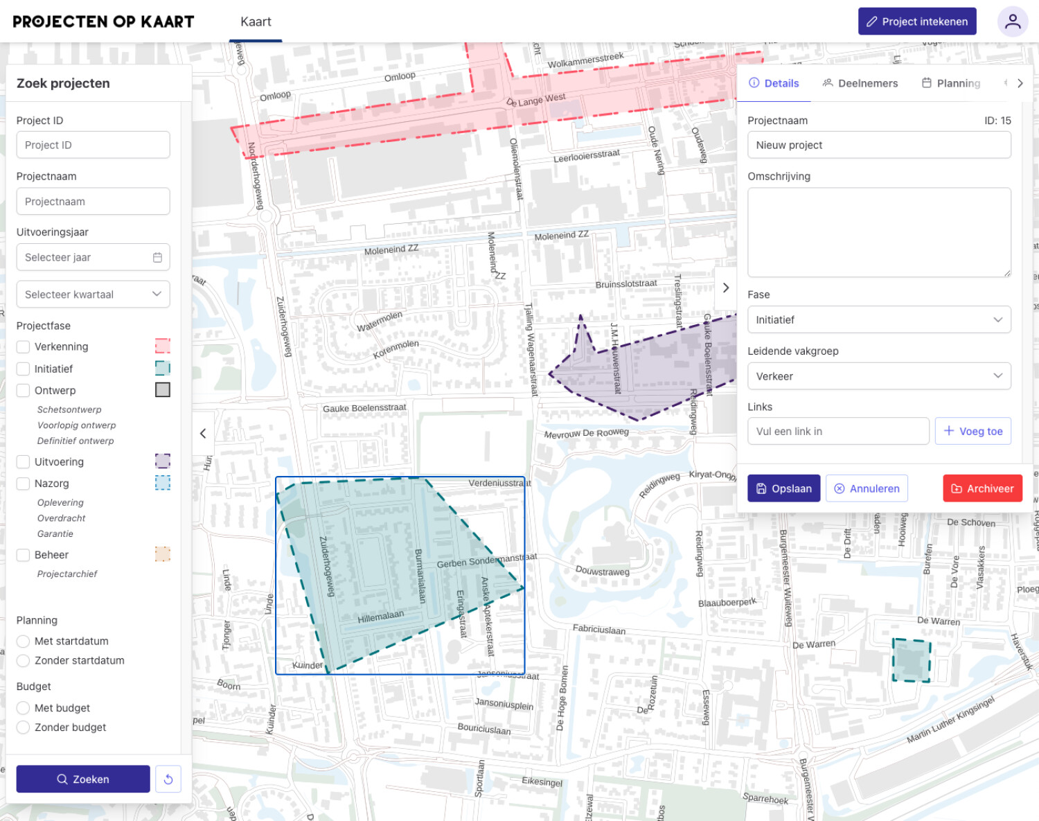 Screenshot van applicatie projecten op kaart