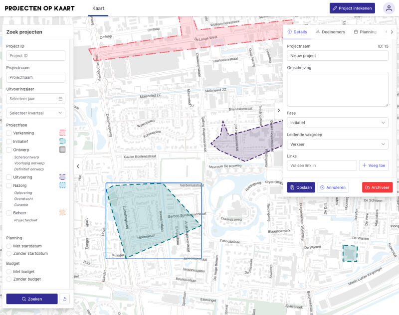 Screenshot van applicatie projecten op kaart