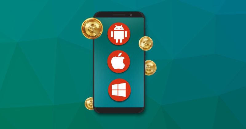 Smartphone met iconen van Android, iOS en Windows Phone en om de smartphone heen euromunten