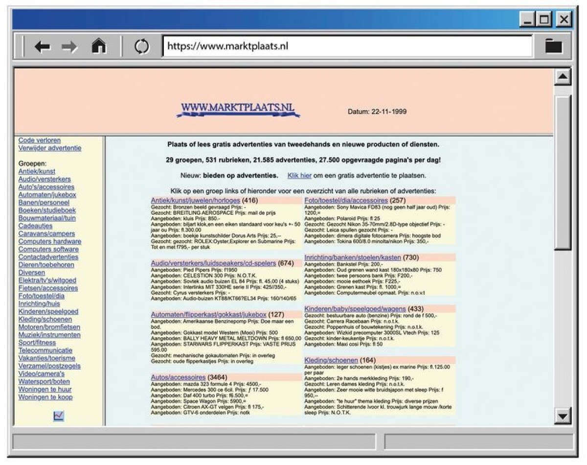 Screenshot van hoe de Marktplaats.nl website er in 1999 uit zag