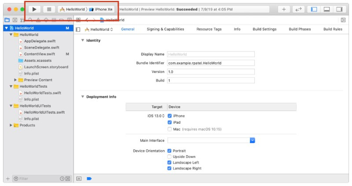 Schermafbeelding van Xcode waarin aangeduid is hoe je een gebouwde app kunt opstarten