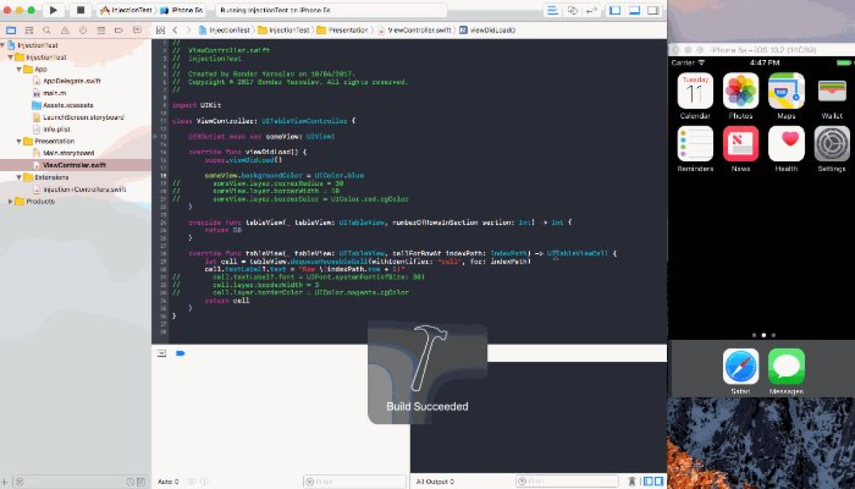 Schermafbeelding van Xcode waarin de plugin Injector wordt gebruikt